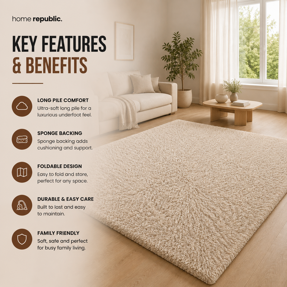 Home Republic Alaska Sponge Back Foldable Rug Long Pile
