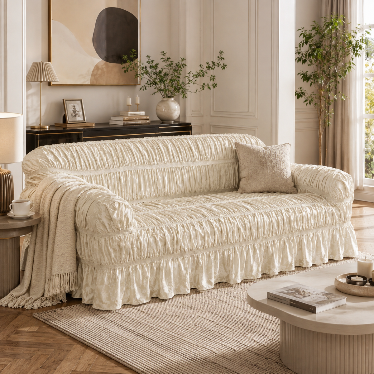 Home Republic Pleated Jacquard Stretch Fitted Sofa Cover