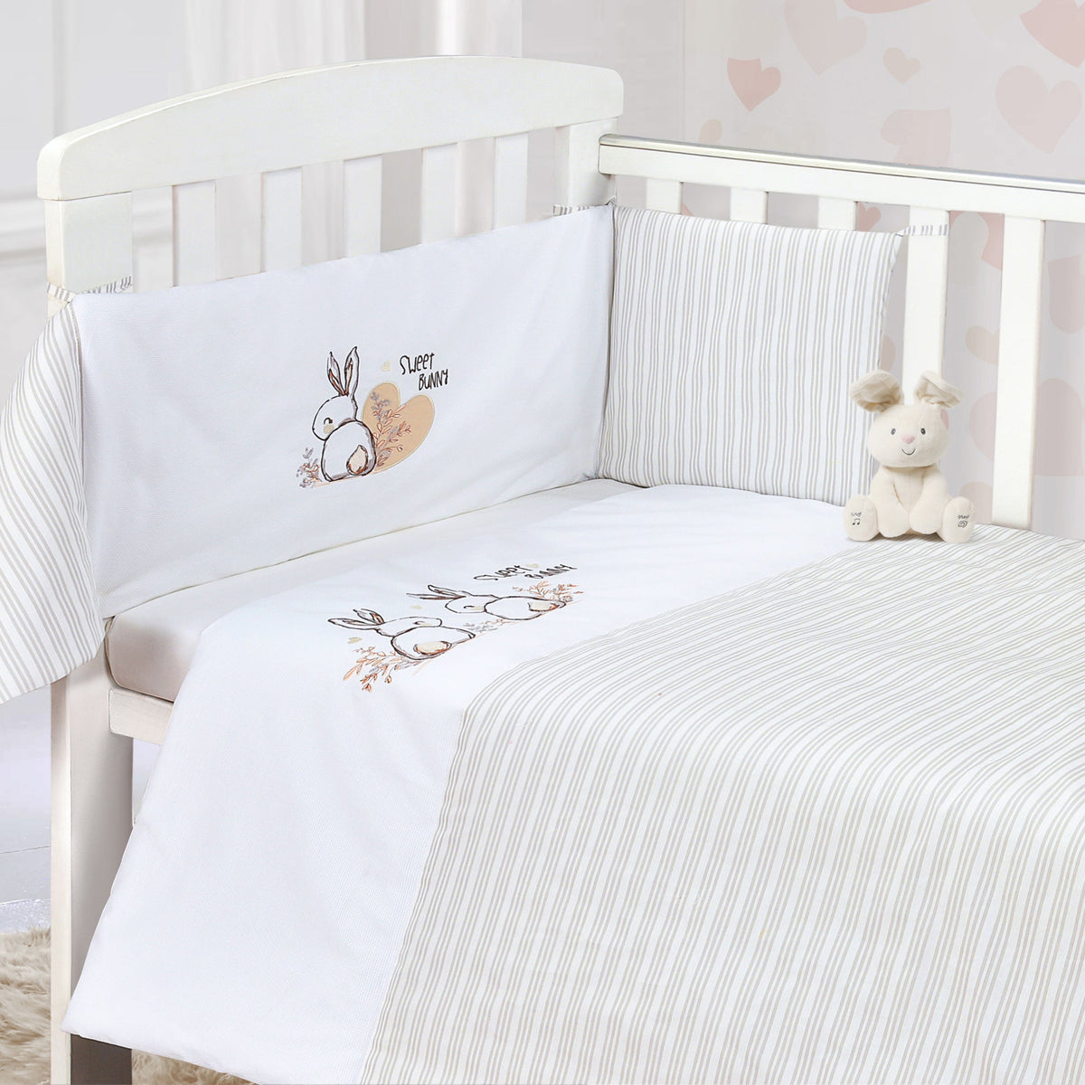 My Little World Bunny Stripes 2 Piece Cot Bumper And Cover Set