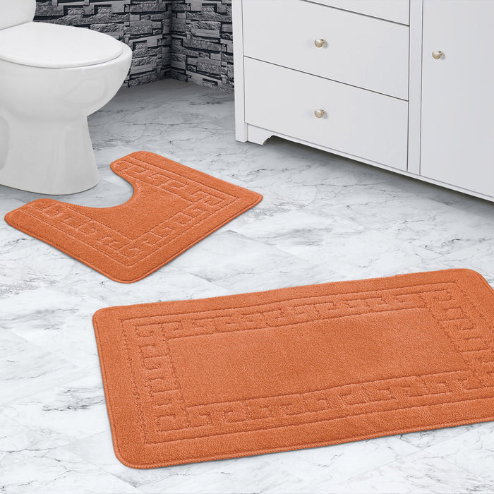 Greek Key Orange Bath & Pedestal Mat Set Anti-Slip Polypropylene