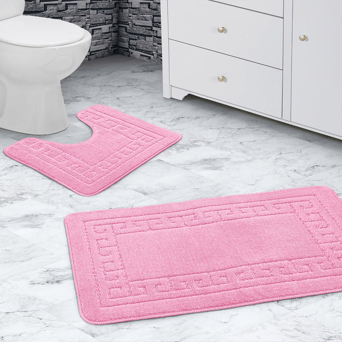 Greek Key Pink Bath & Pedestal Mat Set Anti-Slip Polypropylene