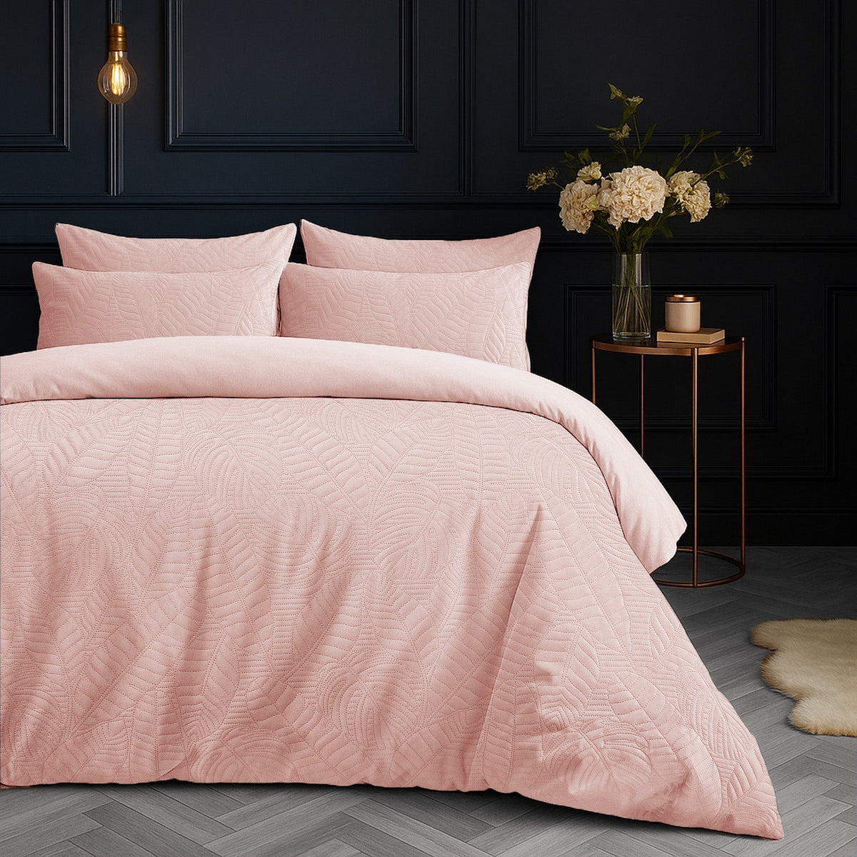 Velosso Savannah Velvet Embossed Leaf Pattern Duvet Cover And Pillowcase Set