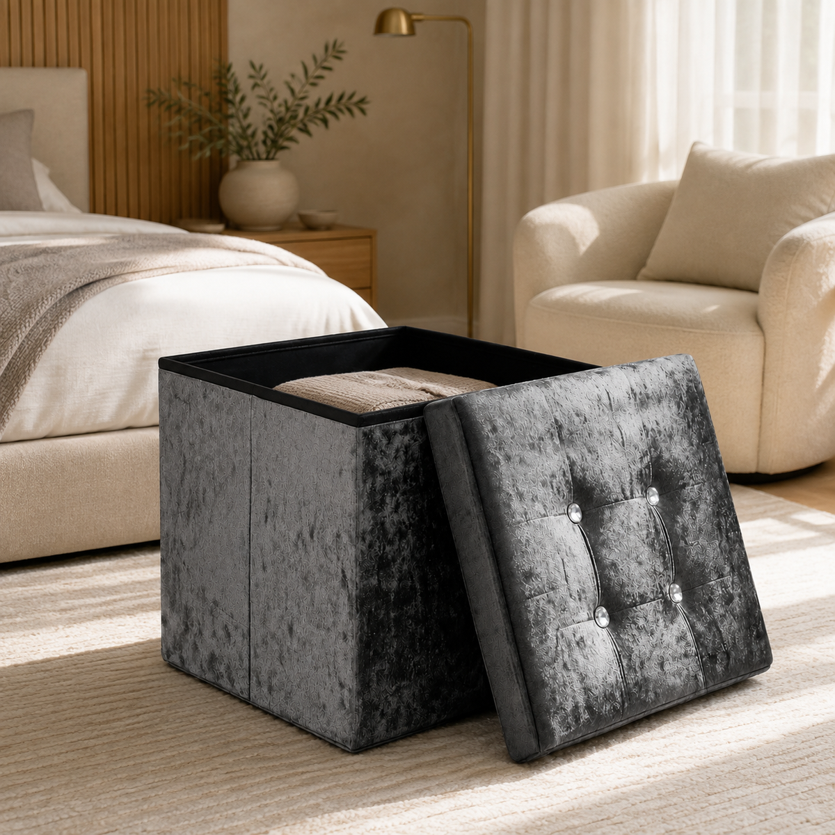 Home Republic Foldable Crushed Velvet Storage Ottoman