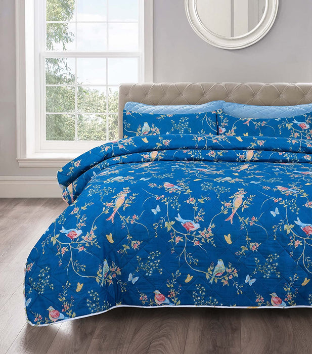 Reversible Delicate Navy Birds Floral Bedspread Set