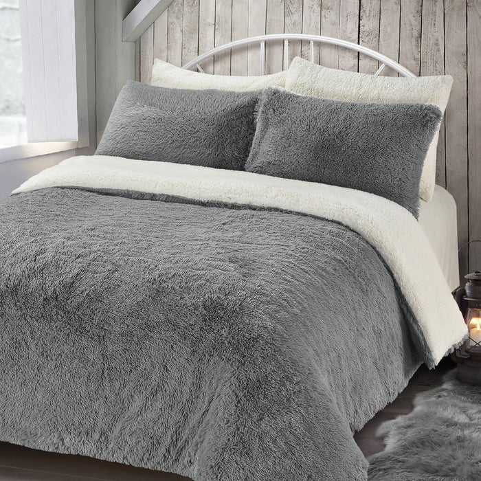 Alaska Faux Fur Teddy Silver Sherpa Duvet Cover & Pillowcase Set
