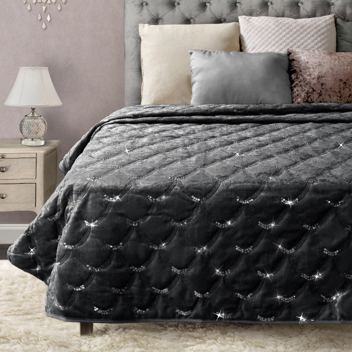 Luxury Charcoal Crushed Velvet Sparkle Sequins Throw