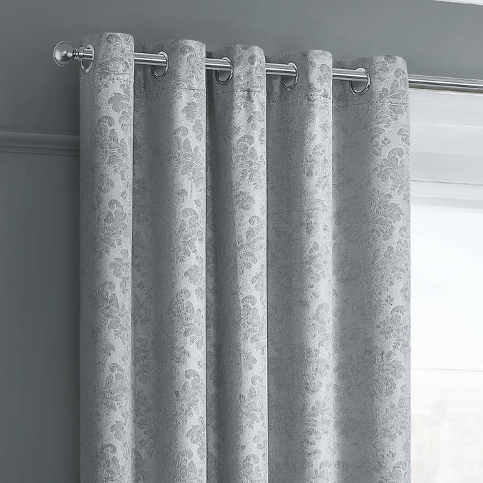 Damask Silver Thermal Dimout Eyelet Curtains