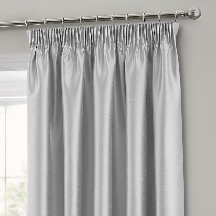 Silver Faux Silk Pencil Pleat Curtains