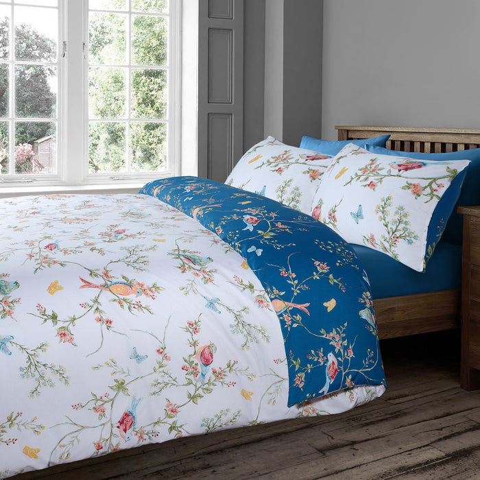 Floral Birds Navy Reversible Duvet Cover & Pillowcase Set