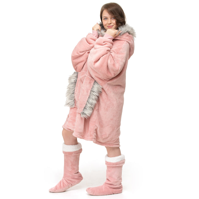 Blush Pink Fur Trim Oversized Hoodie