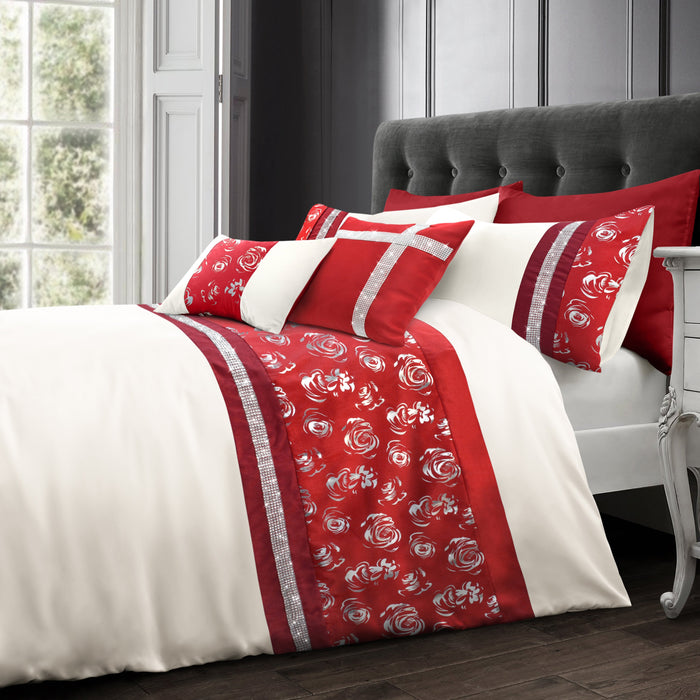 Geneva Faux Silk Diamante Red Duvet Cover & Pillowcase Set