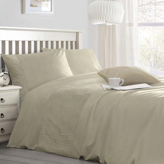Quilted Floral Embossed Taupe Duvet Cover & Pillowcase Set