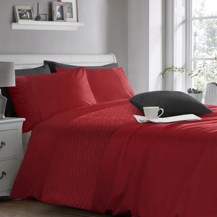 Quilted Geo Embossed Red Duvet Cover & Pillowcase Set