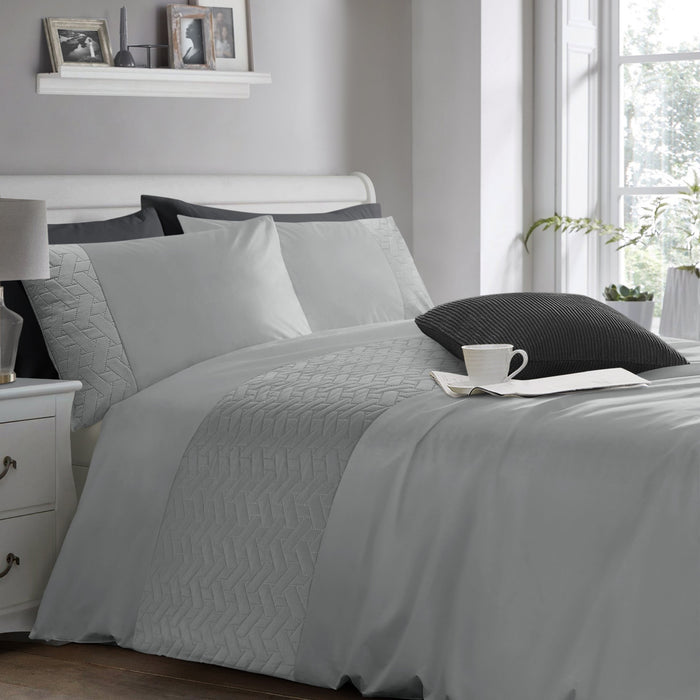 Quilted Geo Embossed Silver Duvet Cover & Pillowcase Set