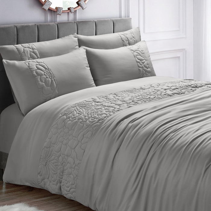 Rosa Quilted Floral Grey Duvet Cover & Pillowcase Set