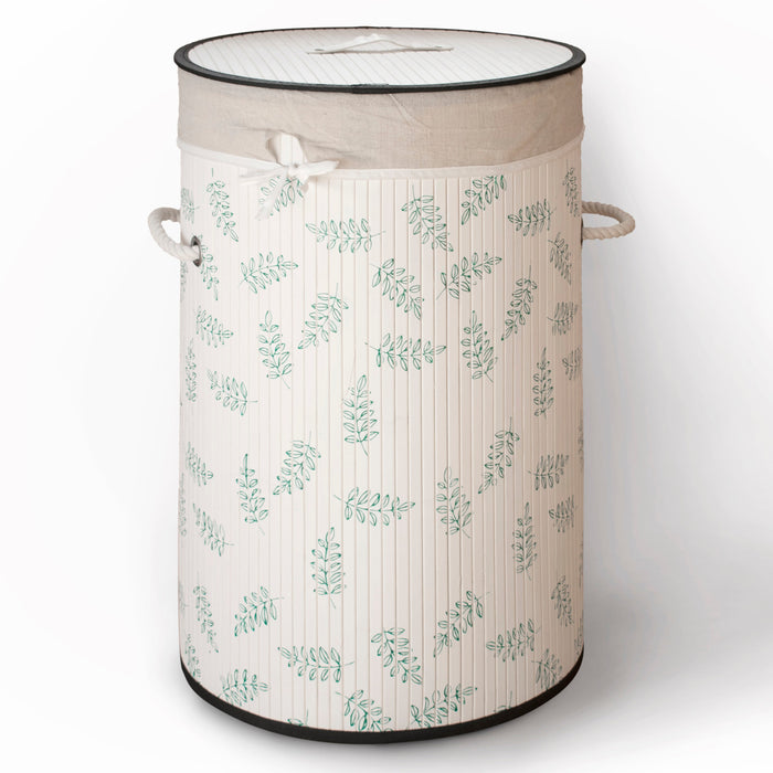 White Leaf Round Bamboo Laundry Basket