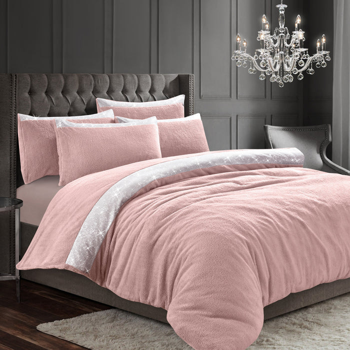 Beaux Shimmer Pink Teddy Bedding Duvet Cover & Pillowcase Set