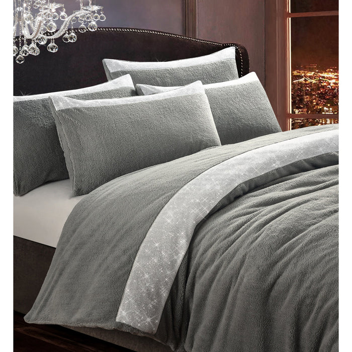 Beaux Shimmer Silver Teddy Bedding Duvet Cover & Pillowcase Set