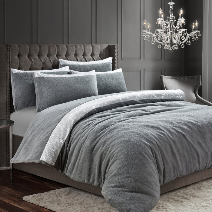 Beaux Shimmer Silver Teddy Bedding Duvet Cover & Pillowcase Set