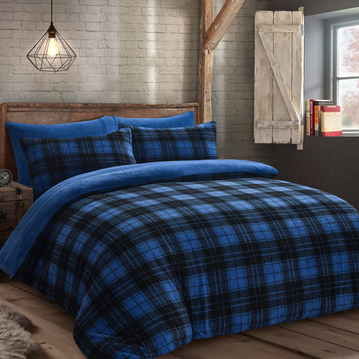 Check Teddy Fleece Blue Duvet Cover & Pillowcase Set
