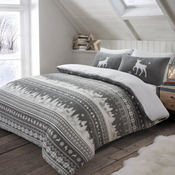 Nordic Grey Teddy Fleece Reversible Duvet & Pillowcase Set