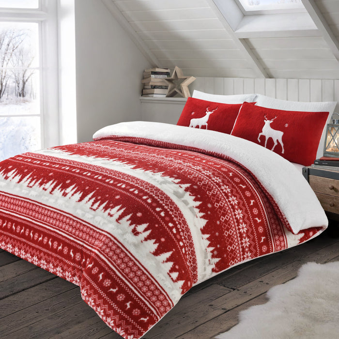 Nordic Red Teddy Fleece Reversible Duvet & Pillowcase Set