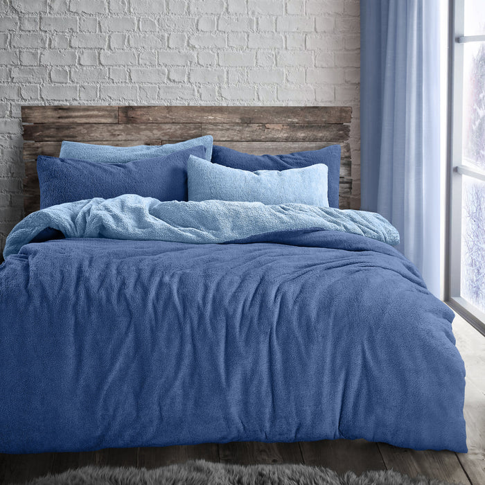 Teddy Fleece French Blue Light Blue Reversible Duvet Cover & Pillowcase Set