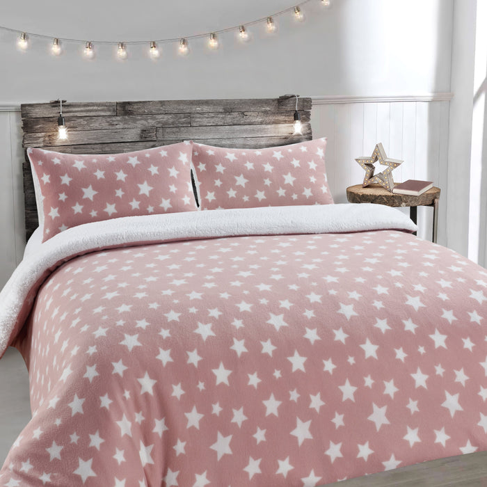 Stars Teddy Fleece Blush Pink Sherpa Duvet Cover & Pillowcase Set