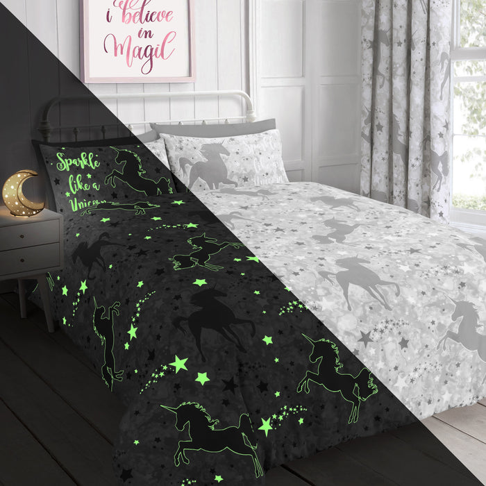 Unicorn Stars Glow In The Dark Grey Duvet Cover & Pillowcase Set