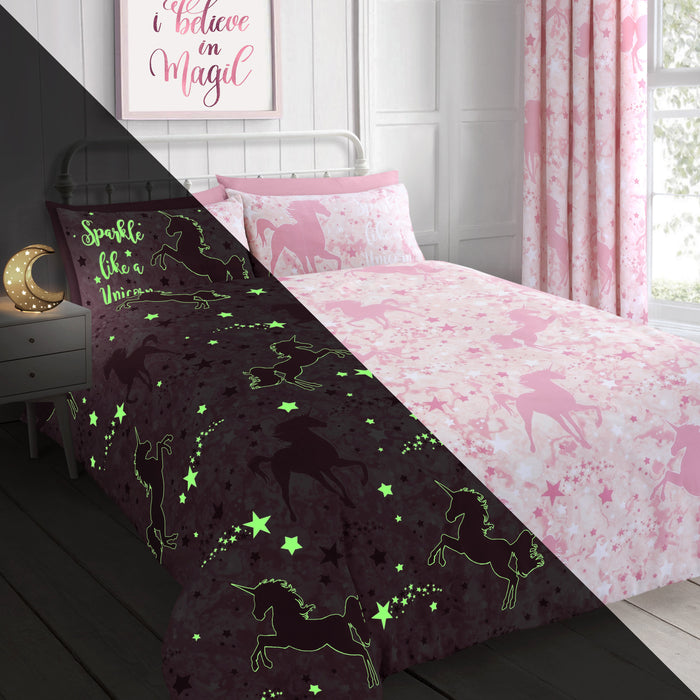 Unicorn Stars Glow In The Dark Pink Duvet Cover & Pillowcase Set