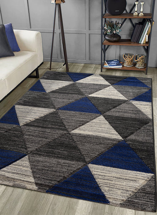 Vision Navy Blue Carved Triangle Geometric Floor Rug