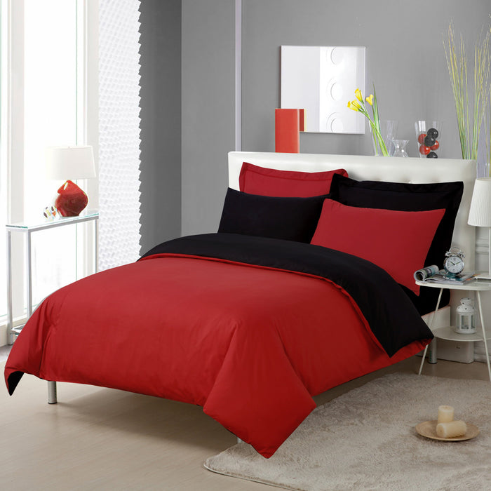 Plain Dyed Red Black Reversible Duvet Cover & Pillowcase Set