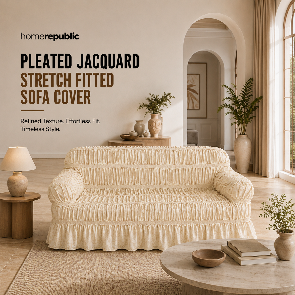 Home Republic Pleated Jacquard Stretch Fitted Sofa Cover