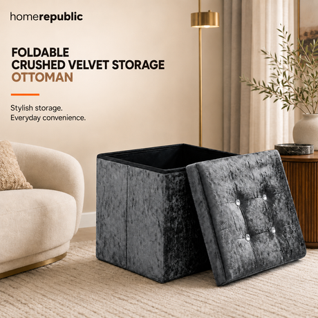 Home Republic Foldable Crushed Velvet Storage Ottoman