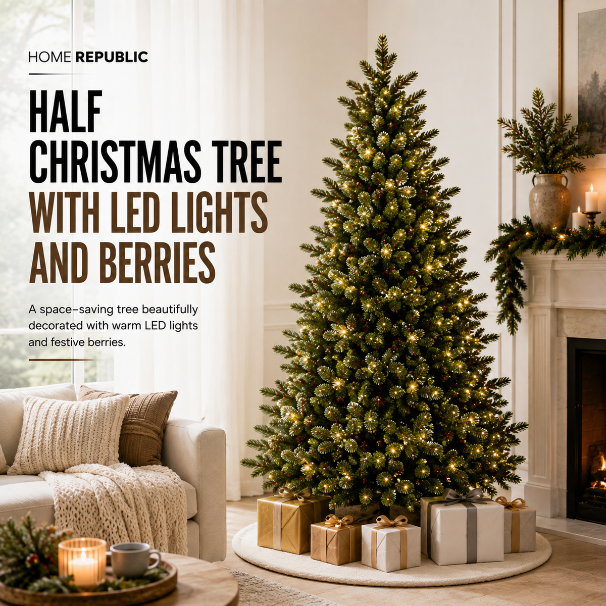 Home Republic Half Christmas Tree With Led Lights And Berries