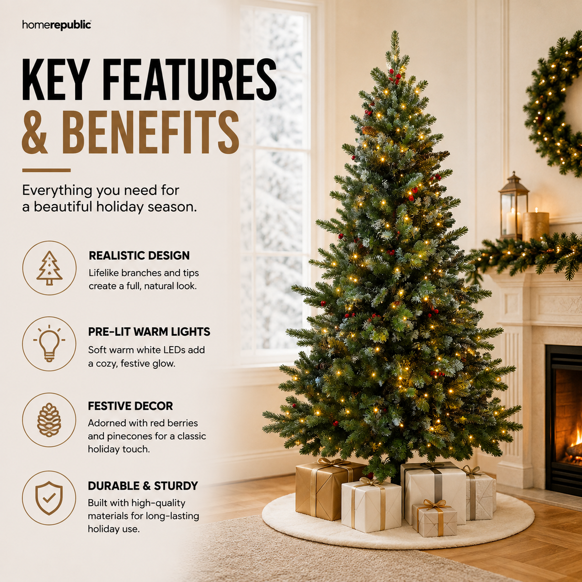 Home Republic Half Christmas Tree With Led Lights And Berries