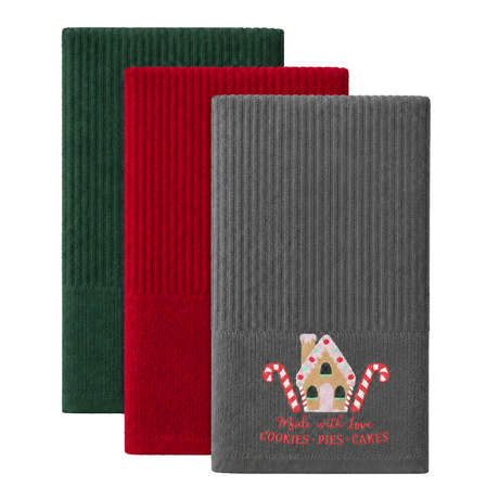 Velosso Ginegerbread House 3 Pack Cotton Christmas Embroidered Tea Towels