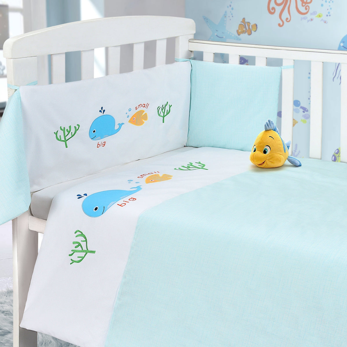 My Little World Whale 2 Piece Cot Bumper And Cover Set