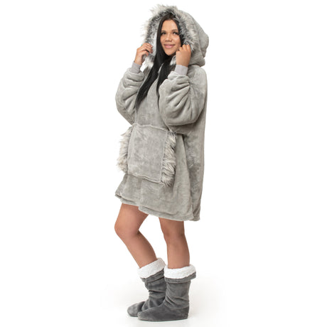 Velosso Faux Fur Trim Sherpa Lined Oversized Hoodie Blanket
