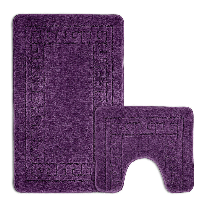 Greek Key Aubergine Bath & Pedestal Mat Set Anti-Slip Polypropylene