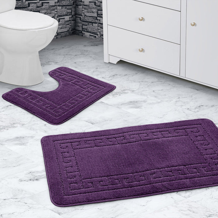 Greek Key Aubergine Bath & Pedestal Mat Set Anti-Slip Polypropylene