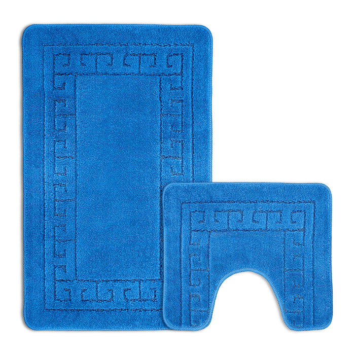 Greek Key Blue Bath & Pedestal Mat Set Anti-Slip Polypropylene