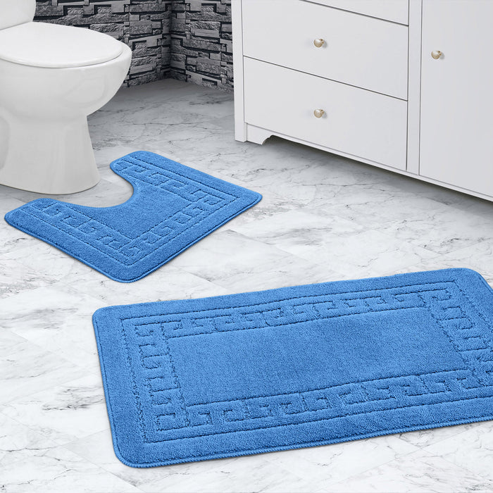 Greek Key Blue Bath & Pedestal Mat Set Anti-Slip Polypropylene