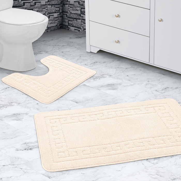 Greek Key Cream Bath & Pedestal Mat Set Anti-Slip Polypropylene