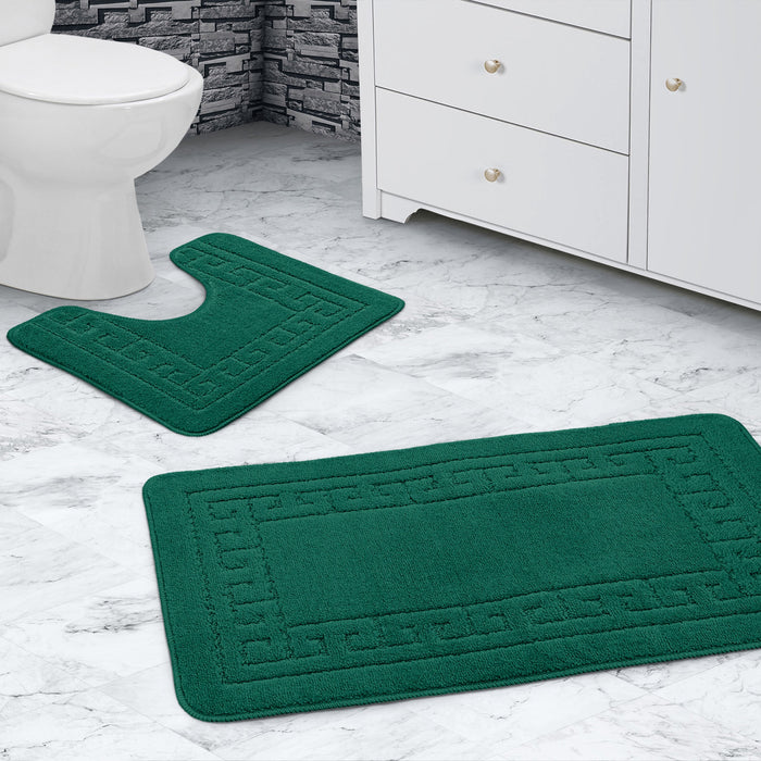 Greek Key Emerald Green Bath & Pedestal Mat Set Anti-Slip Polypropylene