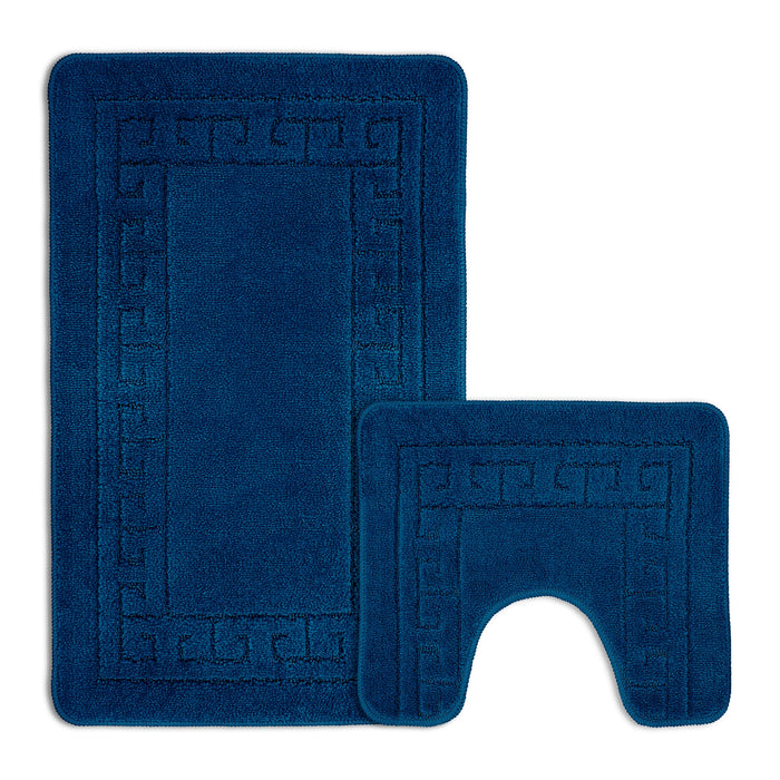 Greek Key Navy Bath & Pedestal Mat Set Anti-Slip Polypropylene