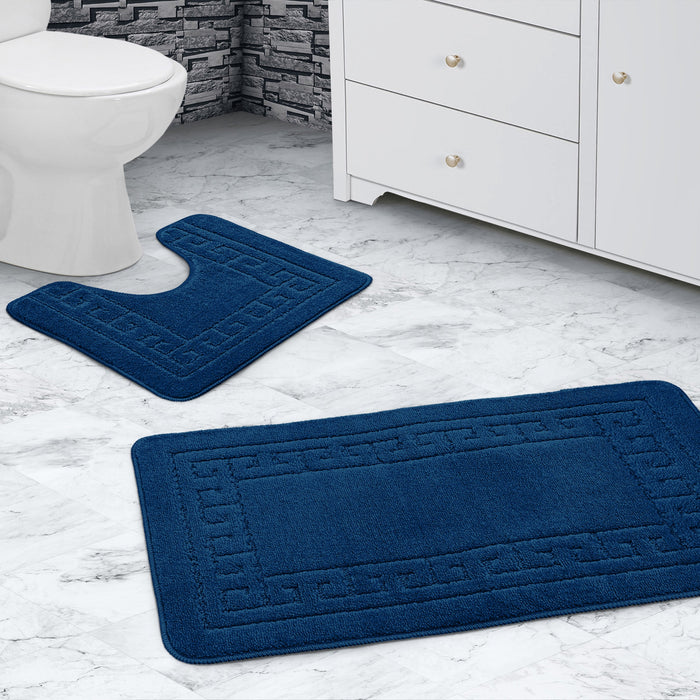 Greek Key Navy Bath & Pedestal Mat Set Anti-Slip Polypropylene