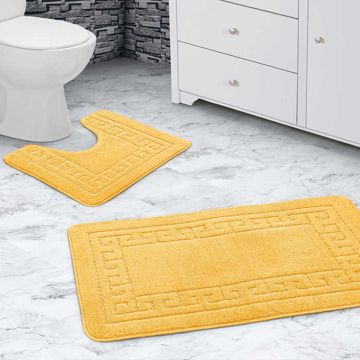 Greek Key Ochre Bath & Pedestal Mat Set Anti-Slip Polypropylene