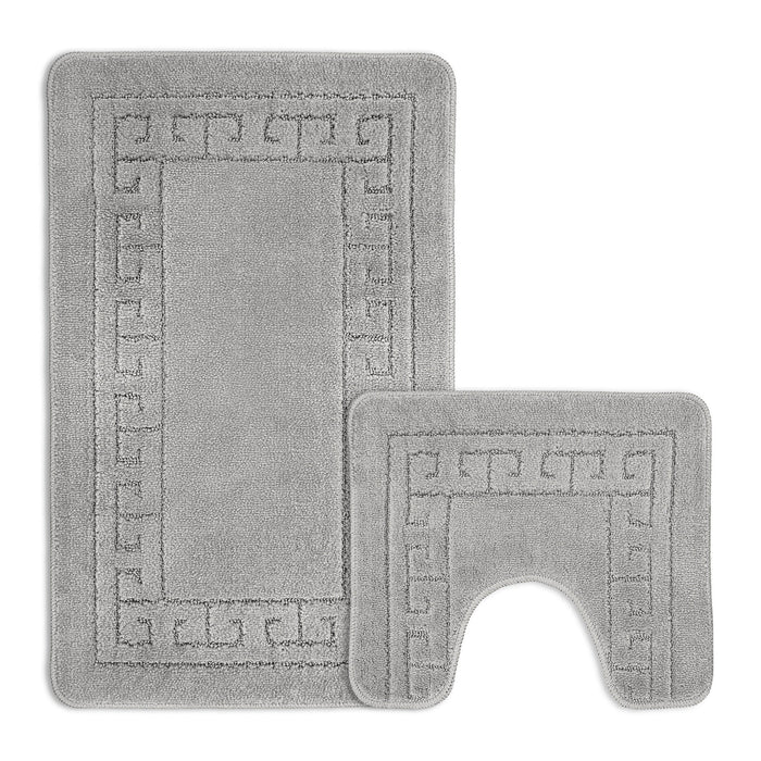 Greek Key Silver Grey Bath & Pedestal Mat Set Anti-Slip Polypropylene