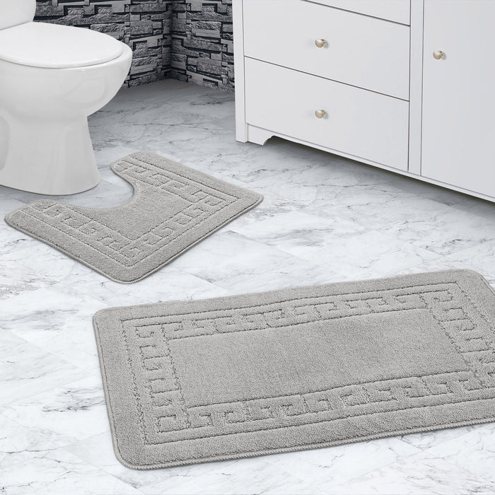 Greek Key Silver Grey Bath & Pedestal Mat Set Anti-Slip Polypropylene